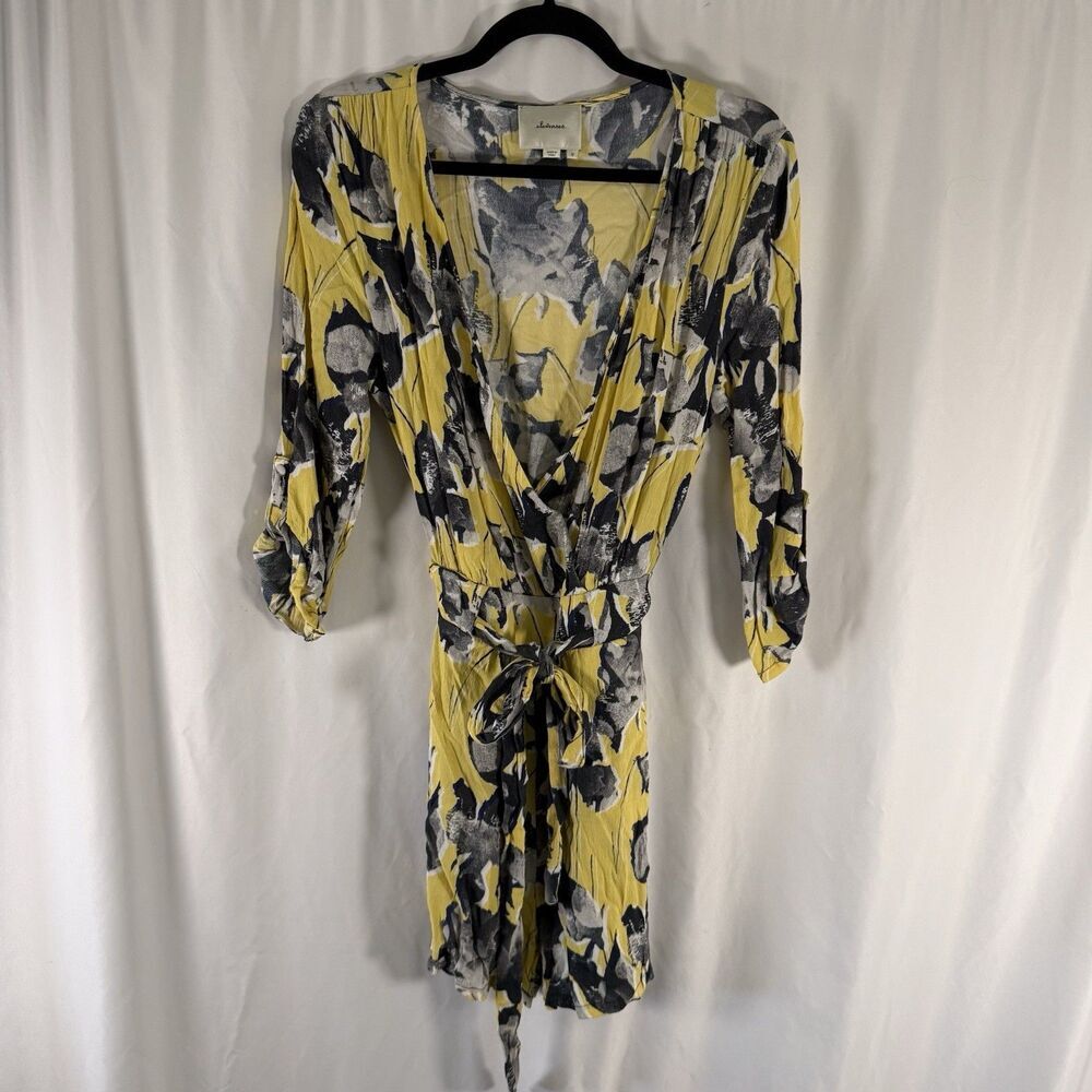 Elevenses Anthropologie Romper Women's Medium Yellow Floral Belted 3/4 Sleeve